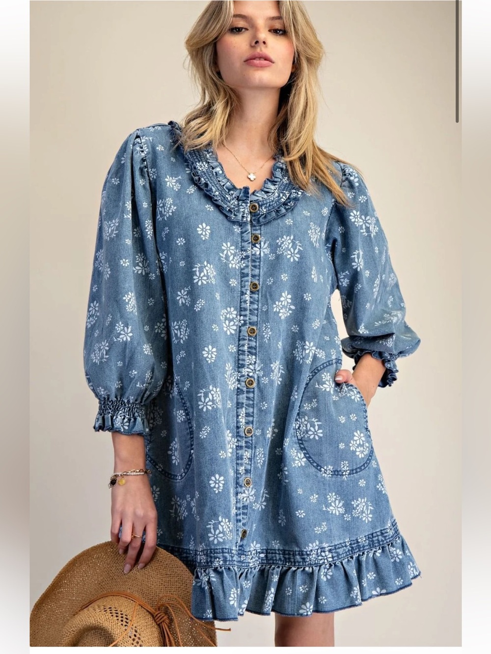 NWT EASEL FLORAL WASHED DENIM DRESS